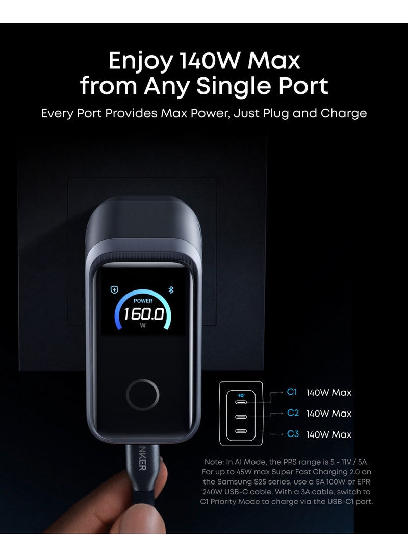 Anker Prime USB C Charger, 160W 3-Port Compact USB C GaN Charger, Smart Display and Touch Control, 140W Any-Single-Port Charging for MacBook, iPad, iPhone 17/16 Series, and More (Cable Not Included) - Image 4